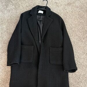 ZARA Black Bouclé Single-Button Long Coat